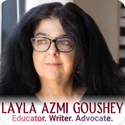 Layla Azmi Goushey, a Palestinian-American woman with long, black hair parted in the center, in a head-and-shoulders photo. She is wearing black glasses, red-and-black dangle earrings, and a black top with an embroidery-style red design across the front. She is looking off in the distance with a slight smile. A headshot of Layla Azmi Goushey, who is looking off into the distance with a slight smile.