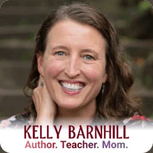 Kelly Barnhill, seated, faces the camera and smiles, leaning her elbows on a knee. Author. Teacher. Mom. written under her name.