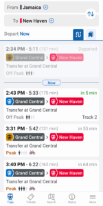 A screenshot of the TrainTime app showing a departed train and several upcoming trains.